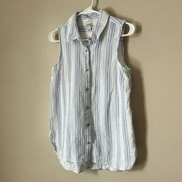 LL Bean Seersucker Shirt Womens SMALL Sleeveless Top Preppy Summer Casual Stripe - Picture 5 of 11
